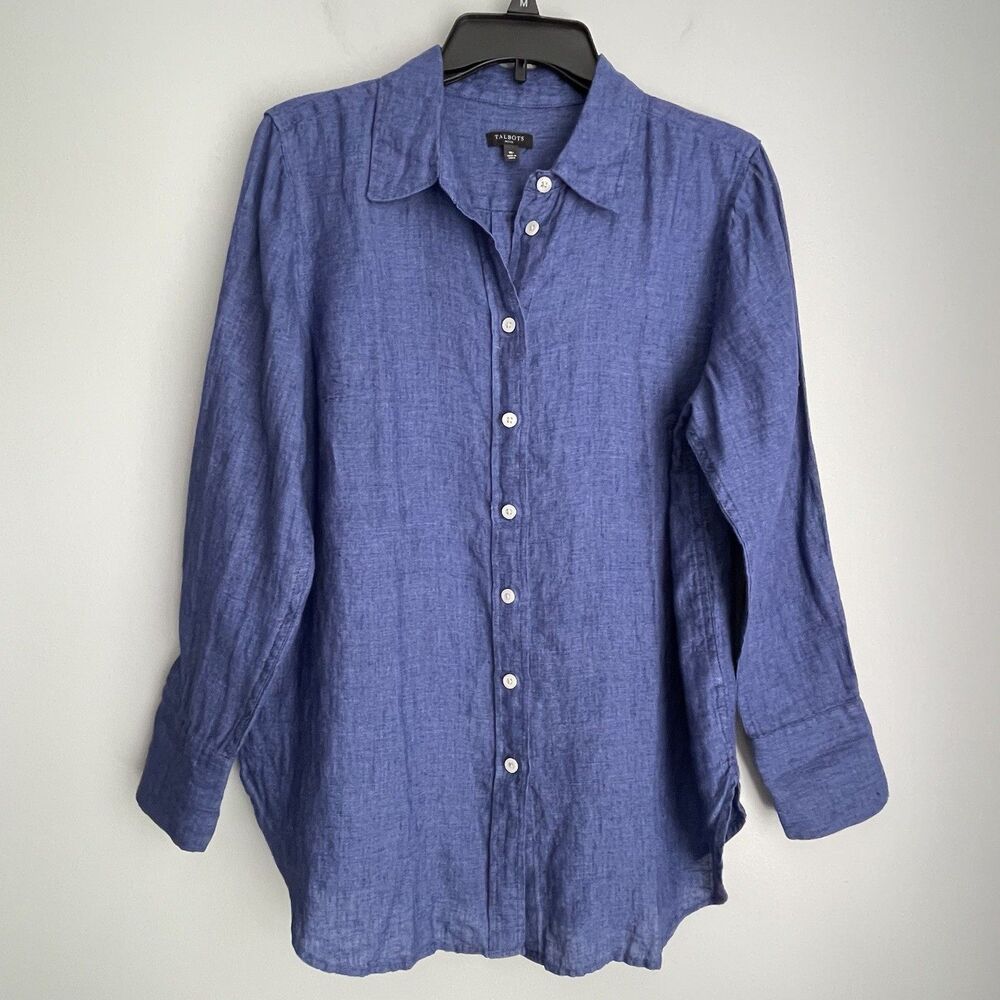 Talbots 100% Linen Shirt Women's Size MP Blue Long Sleeve Button Up Coastal